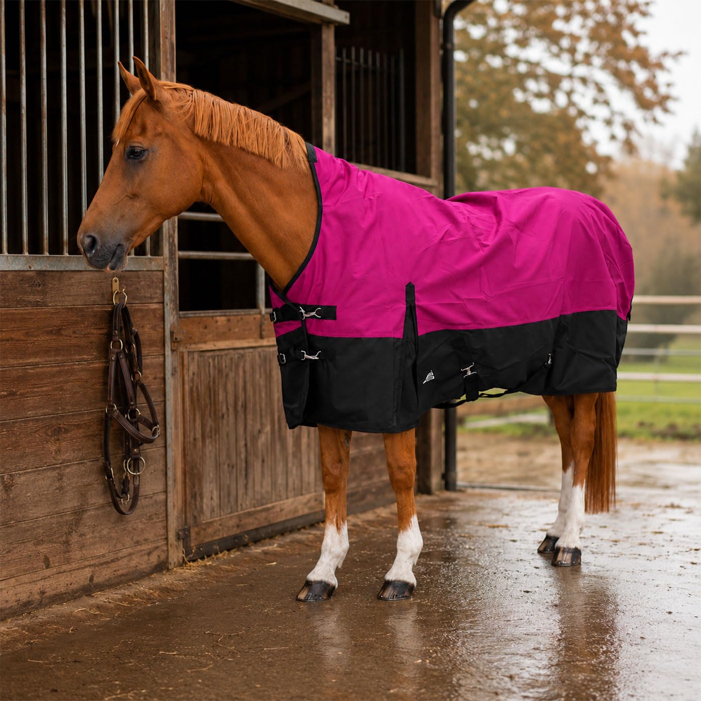 Brama-West Regendecke Pferdedecke Elody Turnout 1200D High Neck mit Fleece Futter - Raspberry/Schwarz - Gr. 145