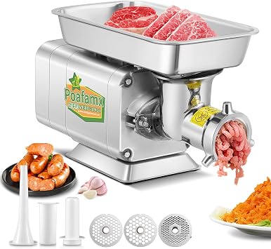 Poafamx Electric Mincer with 1/2/0.3 inch 3/6/8 mm Blade Included, 1,100 W, Large Output 0.7 inch 19 mm Sausage Nozzle, Mincing Machine, Meat Grinder, Intestinal Stuffing, Chopping, Vegetables,