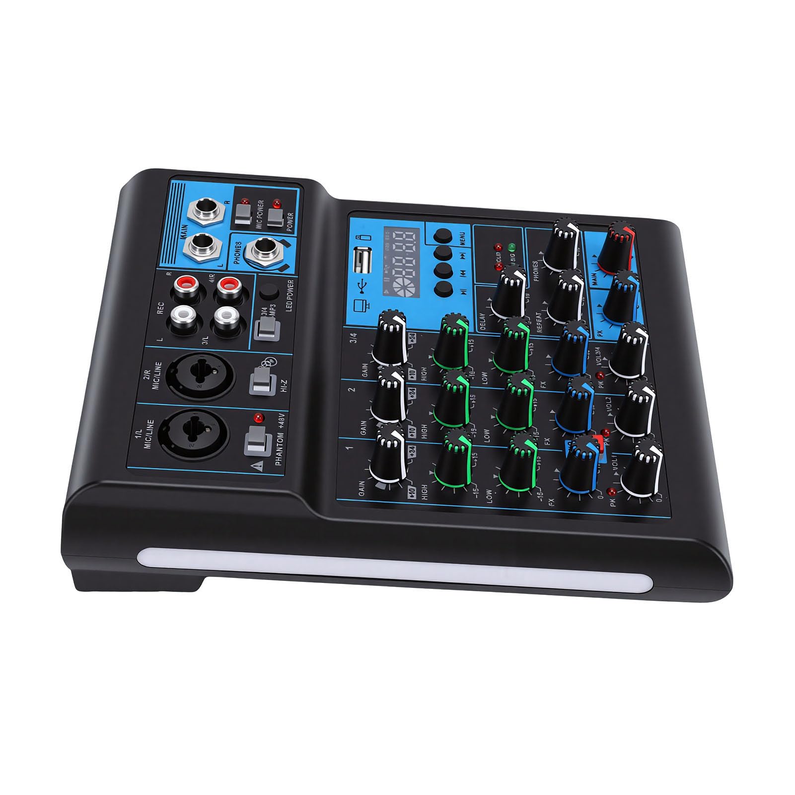 Mixer Professionale, Mixer a 4 con Doppio Microfono Wireless UHF, Supporto MP3, Bluetooth, Alimentazione 48 V, Interfaccia USB, Ideale per la Registrazione in Studio, Karaoke Domestico