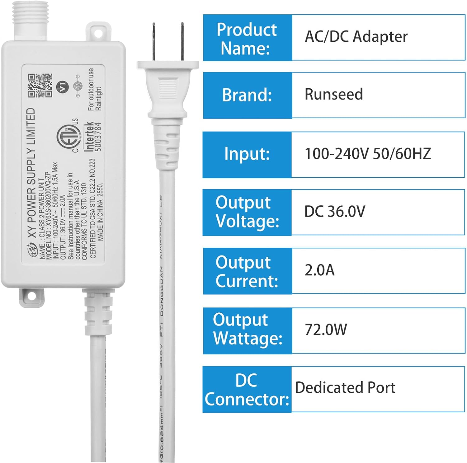 36V 2A Power Adapter AC Adapter XY65S-360200VQ-ZP for eufy Permanent Outdoor Lights E22