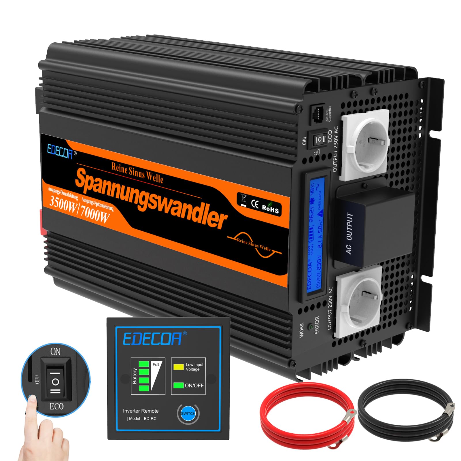 EDECOA inversor 12v 220v Onda Pura 3500w Pantalla LCD convertidor 12v 230v Onda Pura Transformador con Mando a Distancia para Panel Solar Caravana Coche (3a generacion)