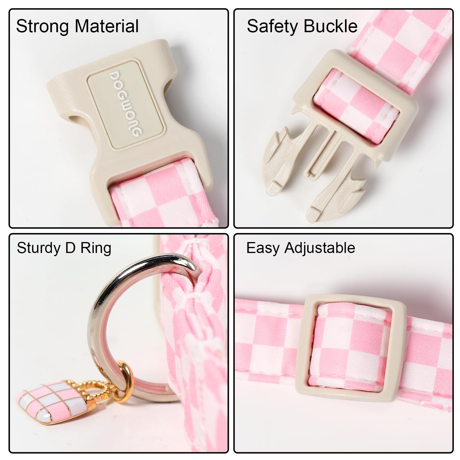 DOGWONG Girl Dog Collar for Medium Dogs, Pink Checked Dog Collars, Pink Checked Dogs Collars for Small Medium Dogs, Neck 14-21 inches - 3