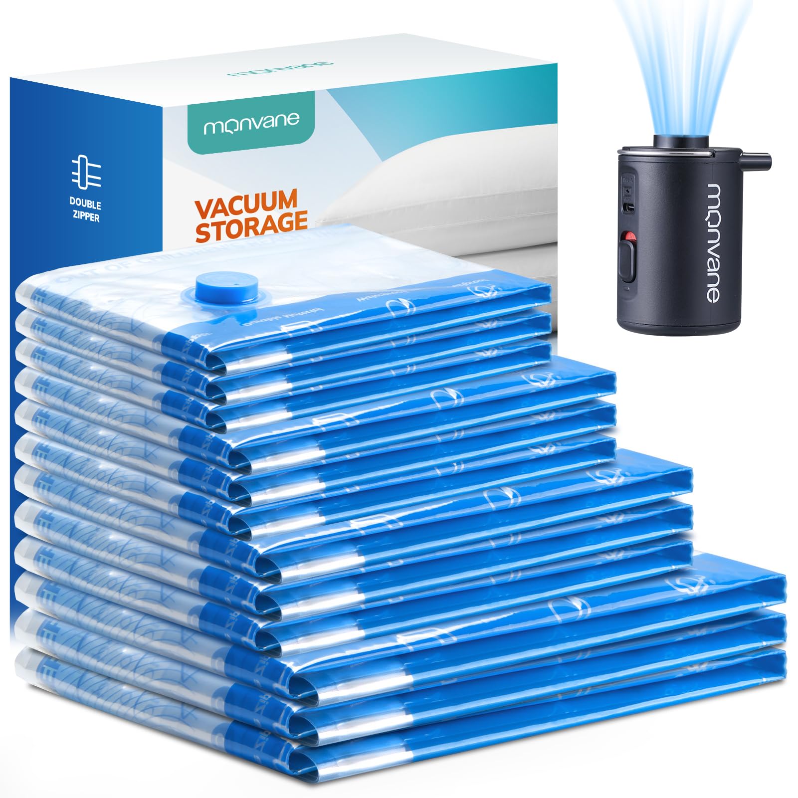 MONVANE Vacuum Bags with Wireless Electric Pump - 12 Pieces (3 x 60 x 80 cm + 3 x 50 x 70 cm + 3 x 40 x 60 cm + 3 x 30 x 40 cm) for Travel, Duvets, Blankets — image 1
