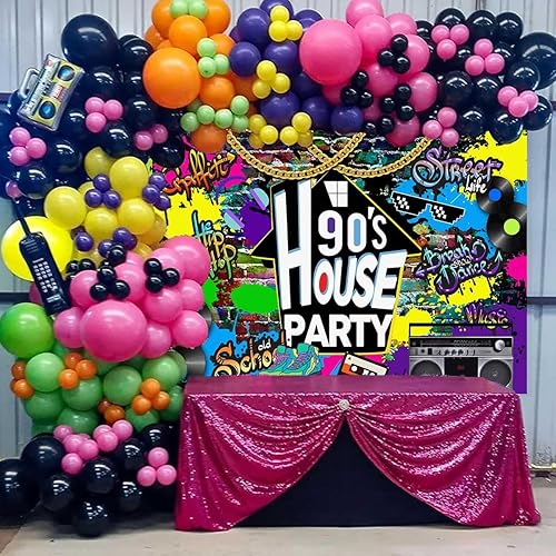 Miniatura 5 de Telón de fondo para fiesta en casa de los años 90, graffiti de hip hop, decoración de fiesta temática de los años 90, decoración retro de radio,