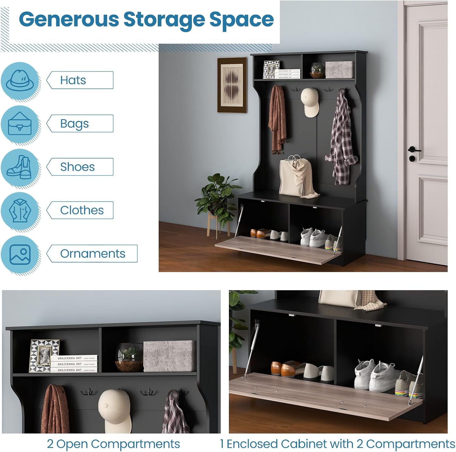 Tangkula Hall Tree with Coat Rack and Storage Bench, Multifunctional Coat Rack with Entryway Bench, 5 Double Hooks, Freestanding Home Organizer for Entryway, Bedroom (Black)