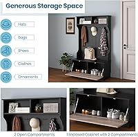 Vista 5 de Tangkula Hall Tree con perchero y banco de almacenamiento, perchero multifuncional con banco de entrada, 5 ganchos dobles, organizador independiente