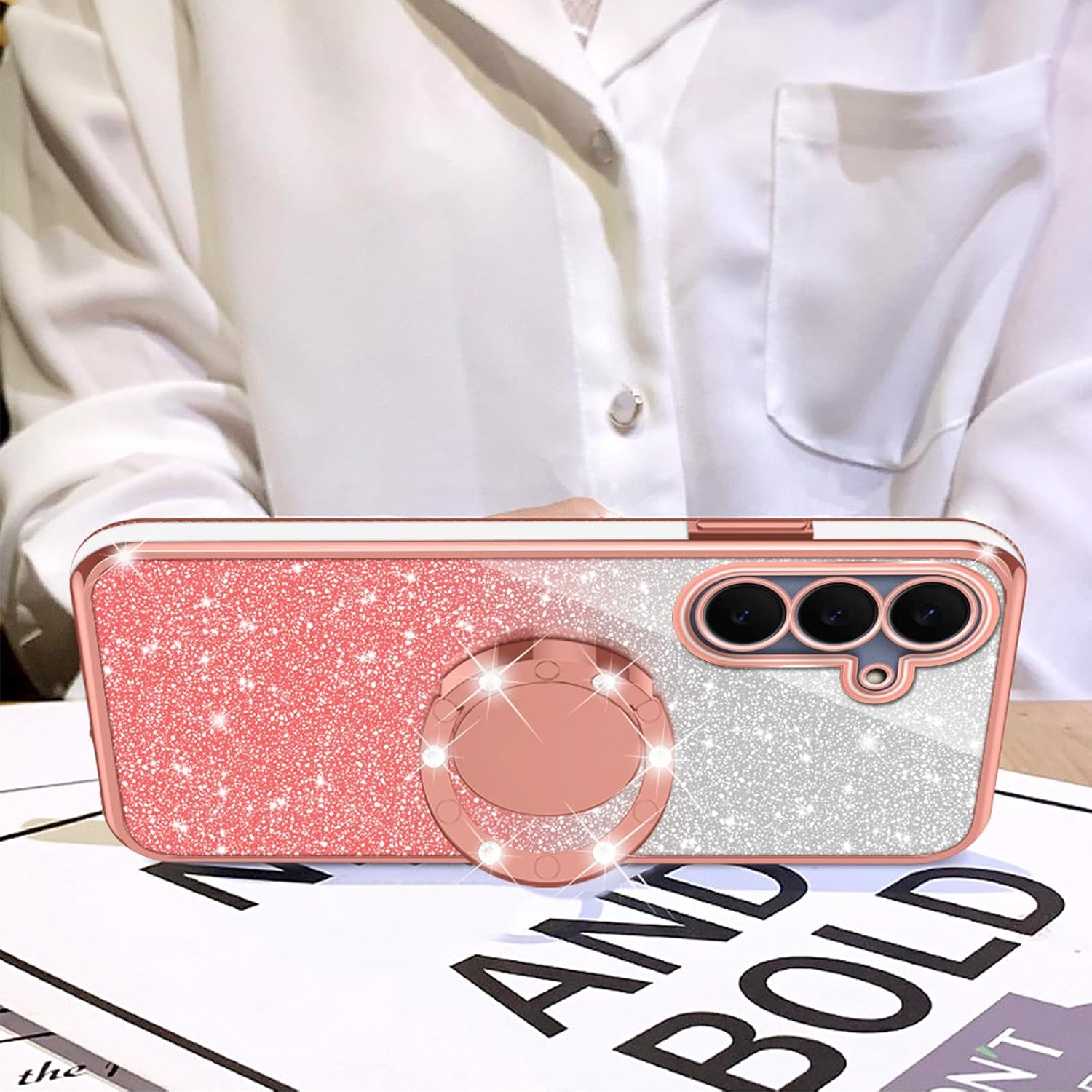 nancheng Glitter Case for Samsung Galaxy S25 FE Soft Shockproof TPU Protective Phone Cover 360 Rotatable Ring Holder Magnetic Car Mount Compatible Anti Slip Case with Lanyard for Women Girls - Pink image 4