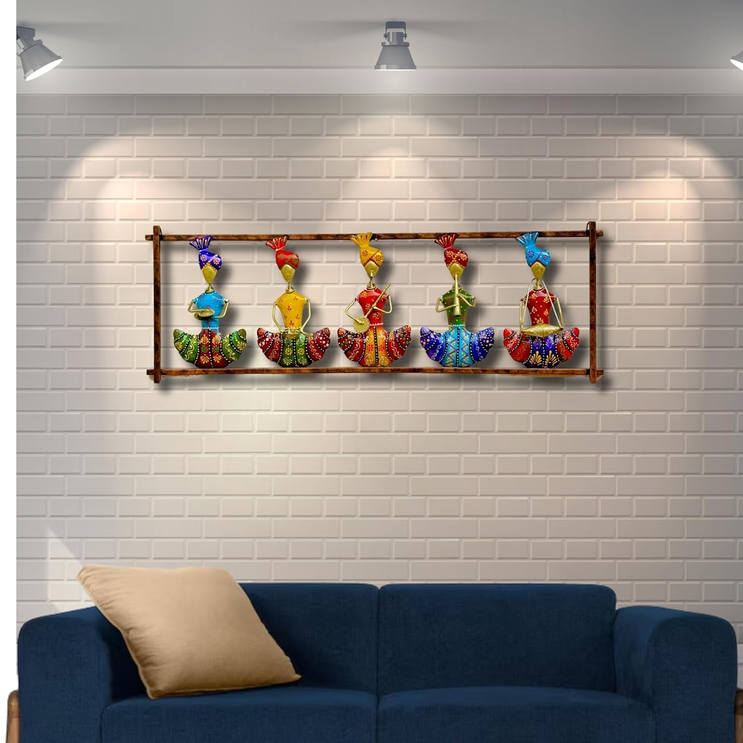 pranjals house Aesthetic Metal Handpainted Rustic Iron Wall Hanging of 5 Rajasthani Musician Art Sculpture for Home Office Wall Decor/Wall Hanging (30 x 10.5 Inches)