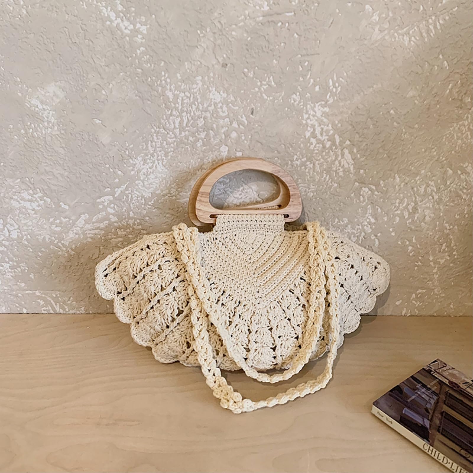 Strohtasche Damen Retro-Stil-Fan-geformte Gehäkelte Unterarmtasche, Vielseitige Schultertasche Mit Holzgriff-Khaki