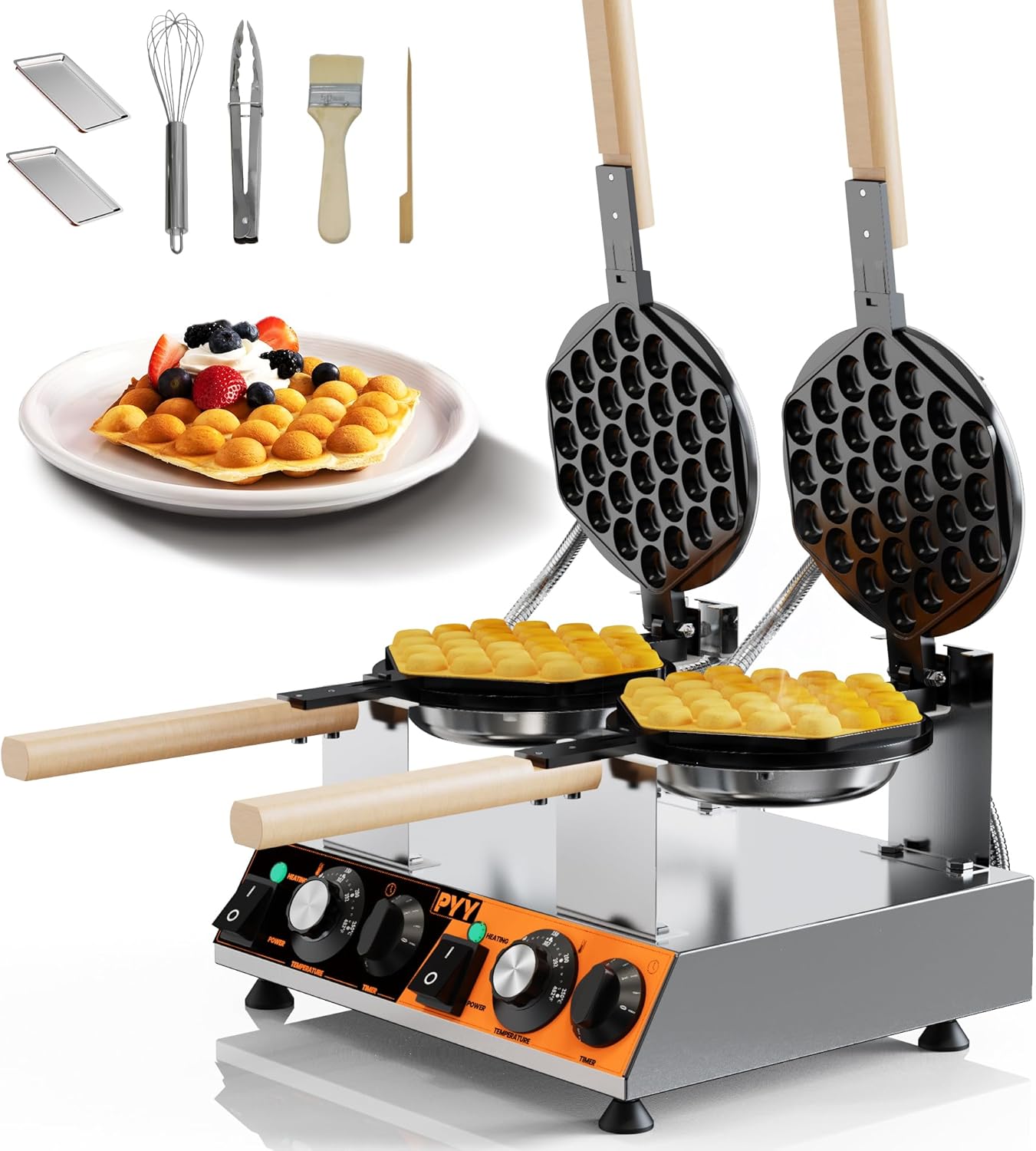 PYY Bubble Waffle Maker - 3100W Commercial Hong Kong Egg Waffle Maker, Double Head, 180° Rotate, Non-Stick Plate, 50-250℃ Adjustable Temp, 0-5Min Timer, Bubble Waffle Machine for Commercial Use, 110V
