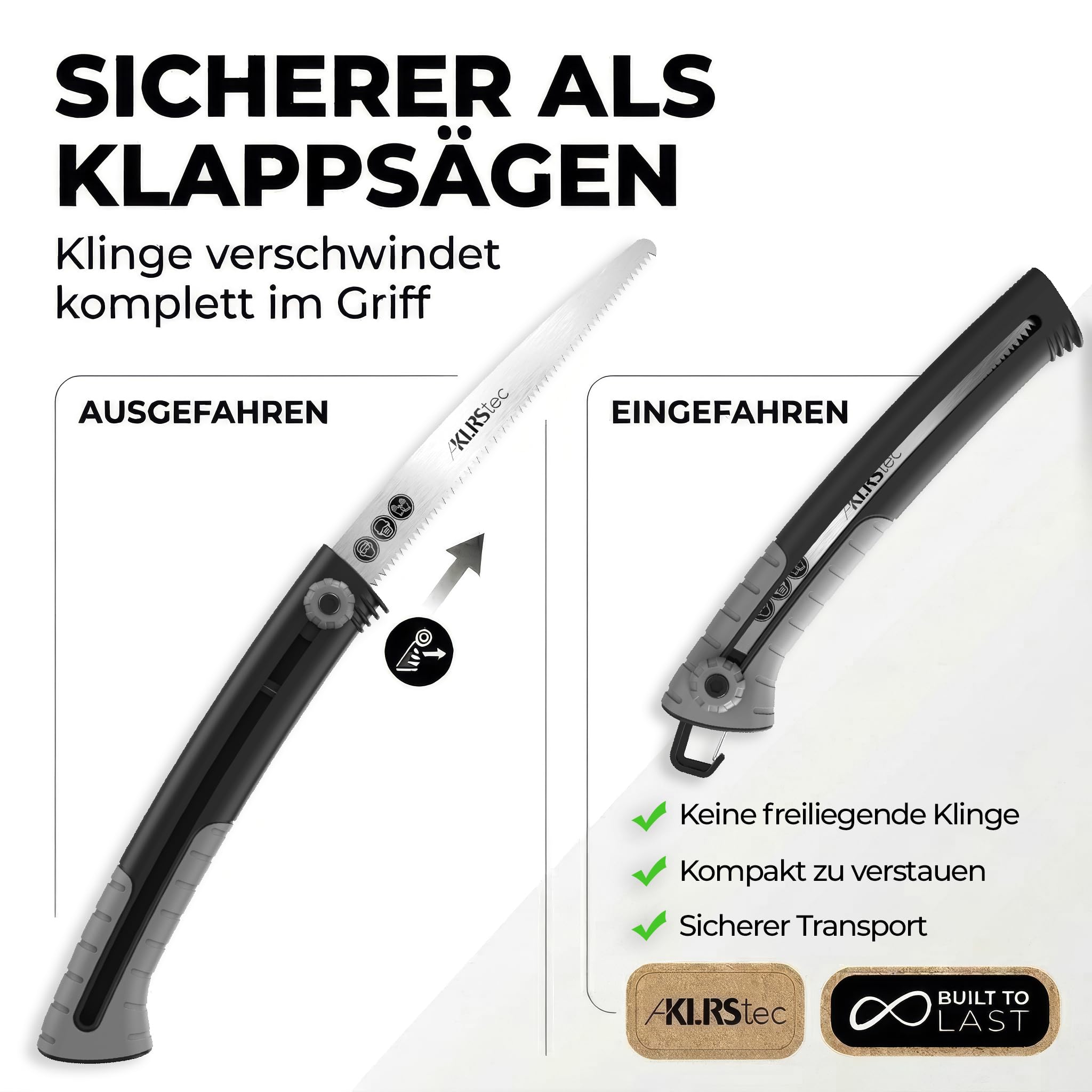 KLRStec SlidePro Astsäge [25cm Sägeblatt] Profi Handsäge mit Safety-Slide-Mechanismus aus SK5-Karbonstahl | Stabile Holzsäge, Gartensäge, Baumsäge & Outdoor Säge inkl. Tasche