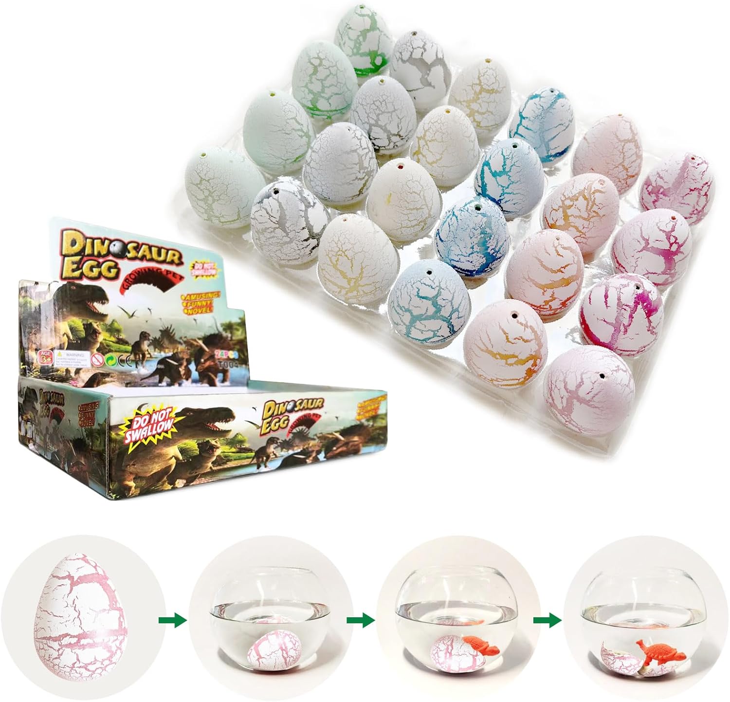 24pcs Large Size Dinosaur Egg Hatching Dino Egg Grow in Water Crack with Assorted Color Hatching Growing Dino Dragon Hunting Game Easter Basket Stuffers Birthday Easter Gifts Party Favors for Children