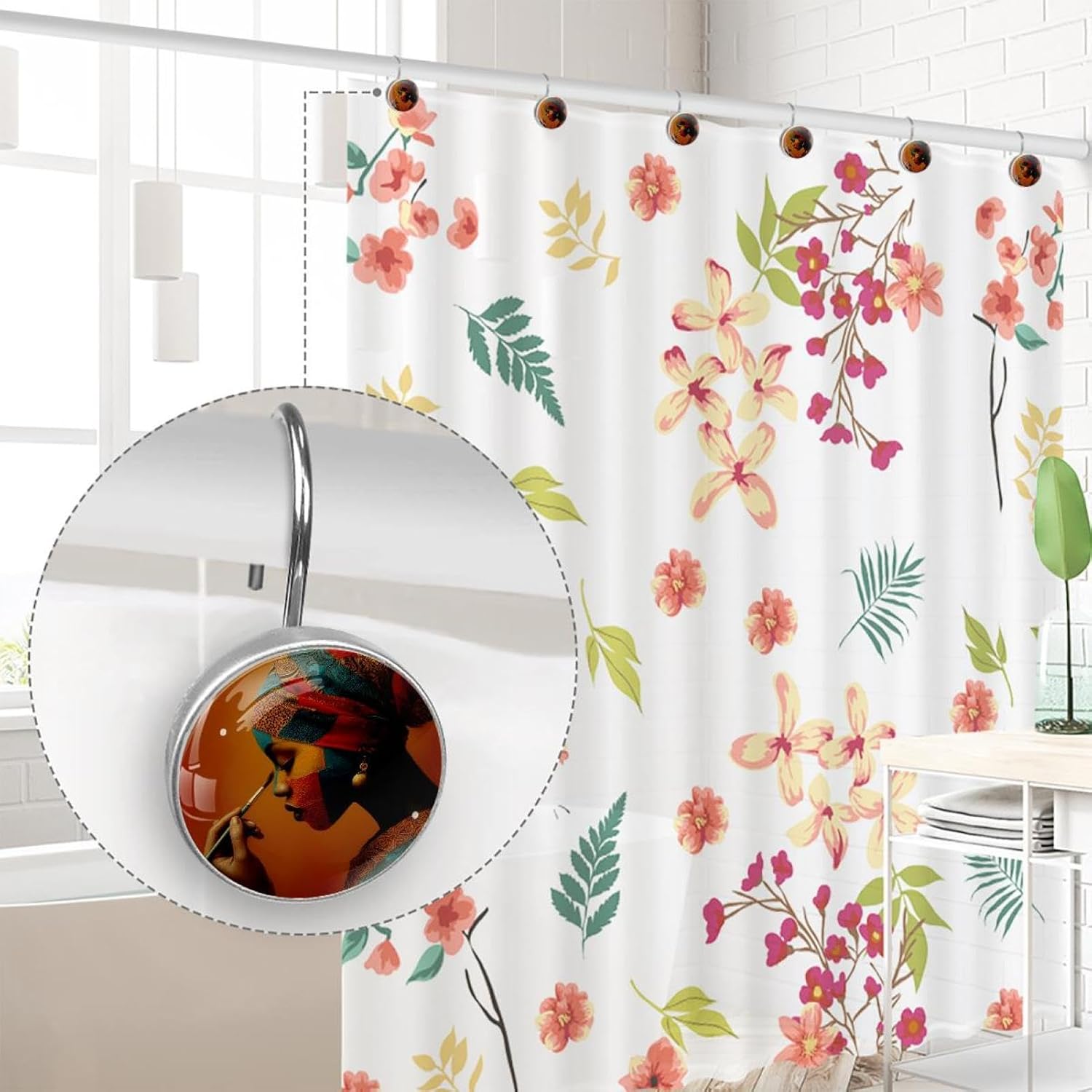 Set of 12 Shower Curtain Hooks, Shower Curtain Rings Crystal Glass Decorative Bathroom Hook, African Women Painting Art (1)