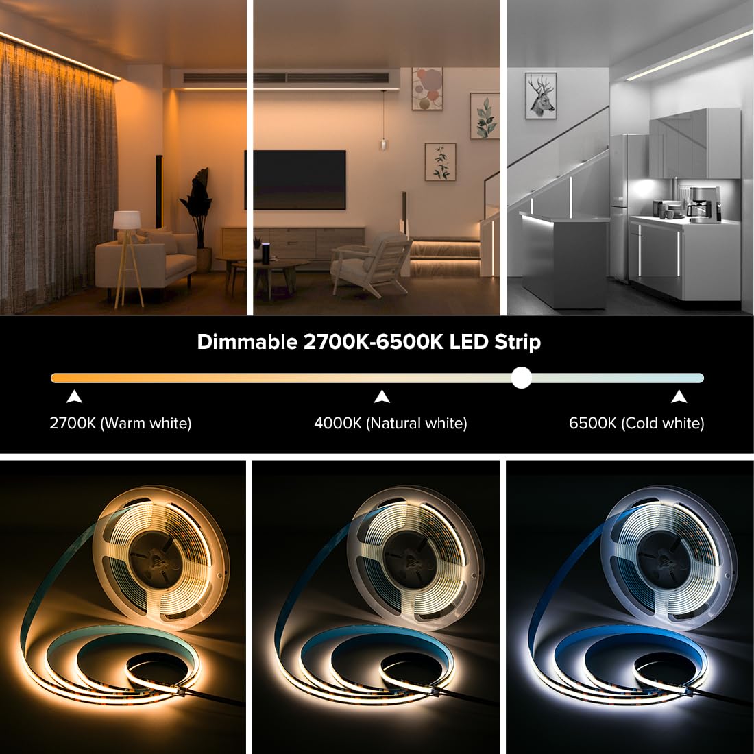 BTF-LIGHTING FCOB COB CCT LED-Streifen 3000K-6000K CCT Drehbar DC24V 2x5M 640LEDs/m 10mm Schwarz PCB Flexibles Hoher Dichte LED-Band IP30 Nicht Wasserdicht für Innenraum Dekoration(nur Streifen)