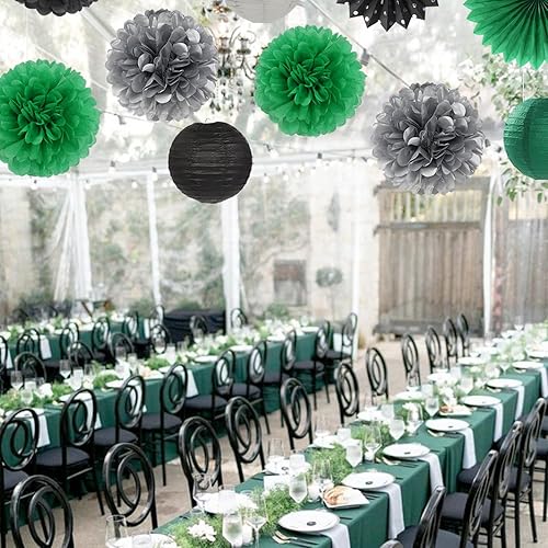 Miniatura 6 de Decoraciones de Fiesta de Fútbol Negro Verde Plateado - 20 piezas Linternas de Papel de Graduación con Tema de Fútbol, Abanicos, Pompones de Papel
