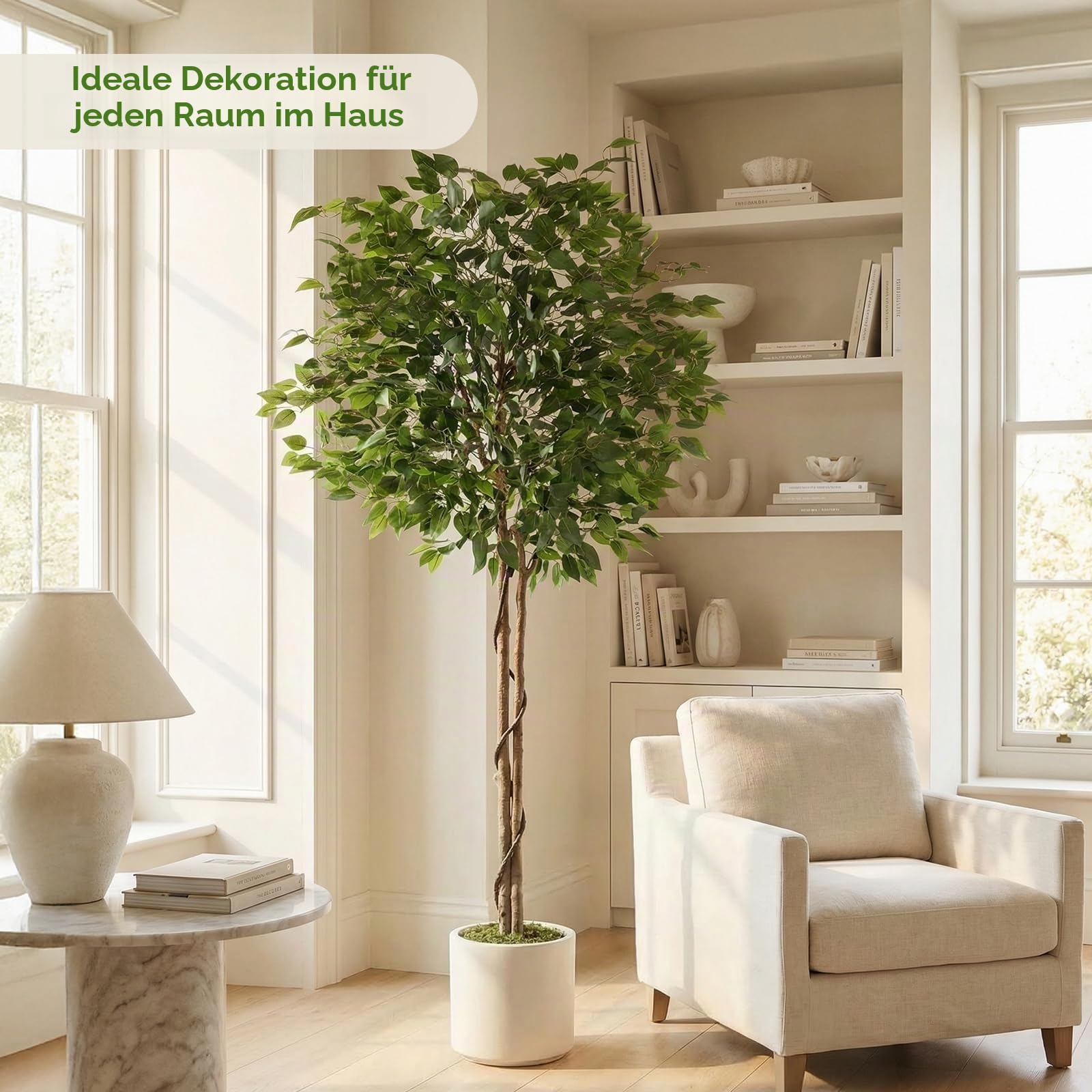 Clevich 180cm Ficus Kunstpflanze Wie Echt,Künstliche Ficus, Weißen Topf,Gebogenem Baumstamm+Üppig Grünen Blättern,Pflegeleichte Zimmerpflanze,Plüschmoos,Künstliche Pflanzen,Einzugsgeschenk,2PCS Moduls