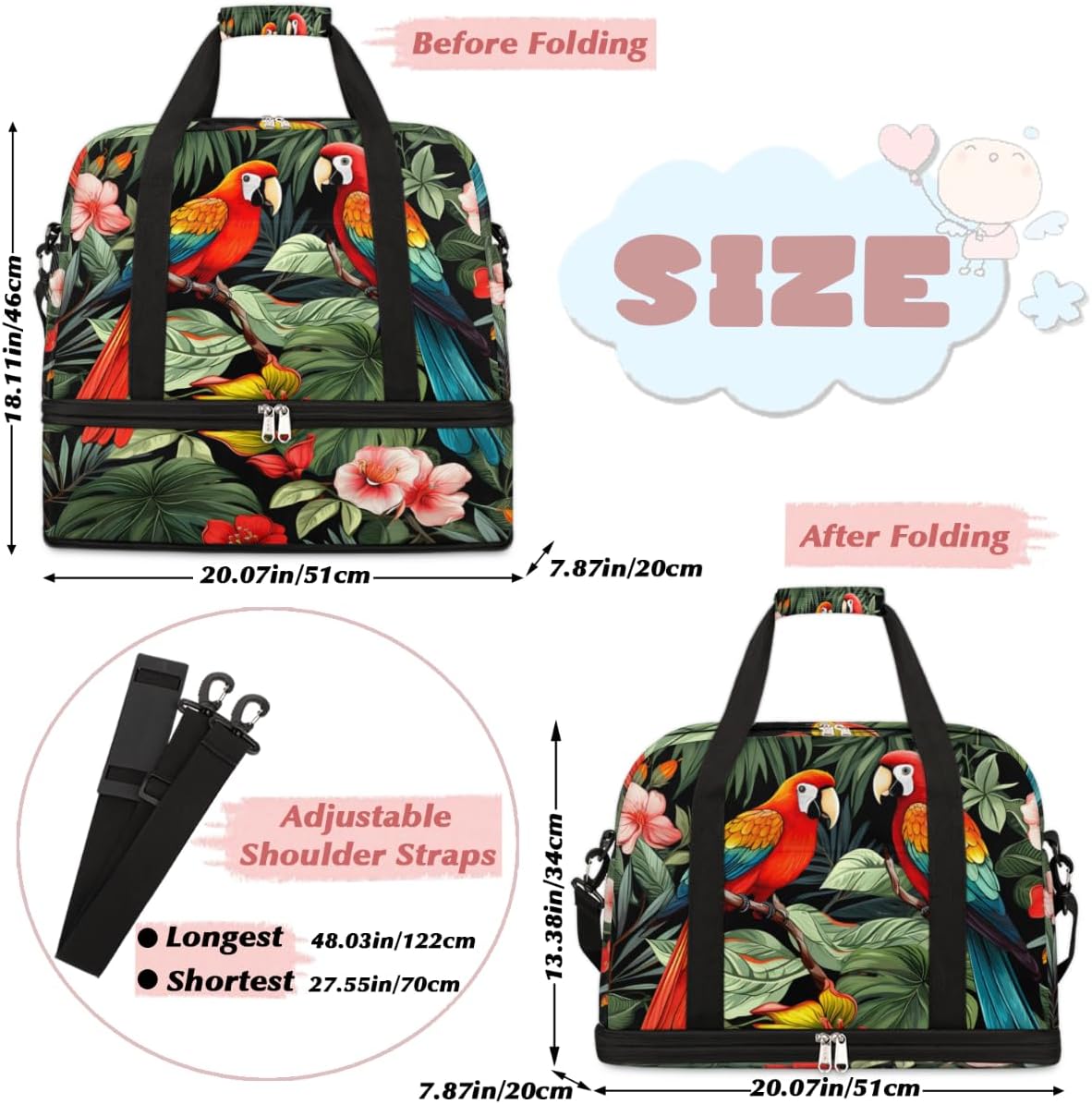 QsirBC Parrot Cute Style Gym Bag for Women Duffle Tote with Shoes Compartment Men Weekender Duffel for Dance Travel Sports Swimming Overnight