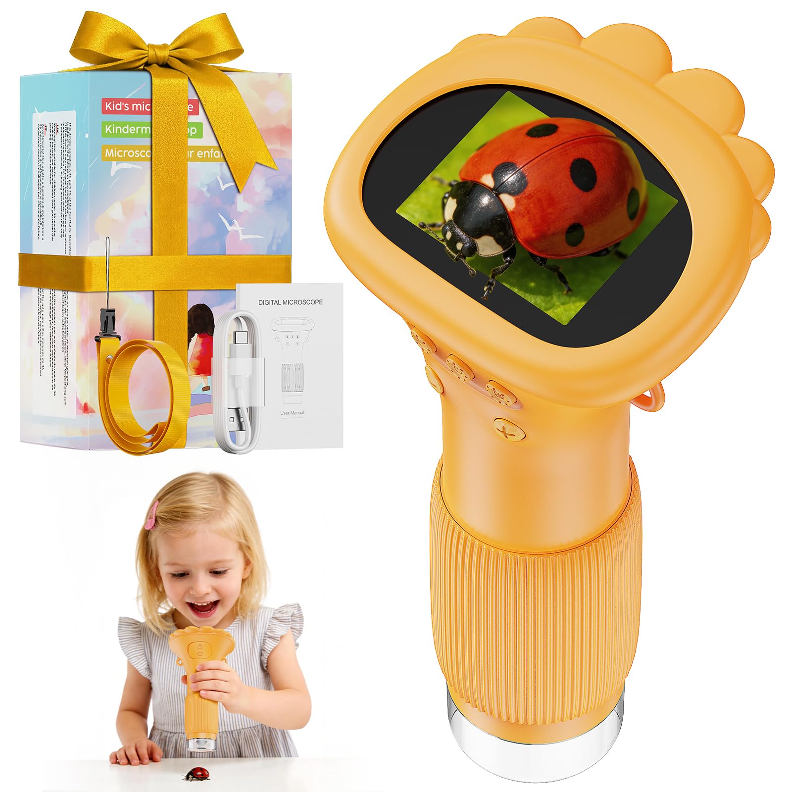 ASPOVEN Microscopio Bambini Portable Zoom 1000X - Microscopio Digitale Mini Ricaricabile, Microscopi con Definizione 8 Luci LED Regolabili, Bambini Giocattolo Educativo, Regalo di Natale(Arancione)