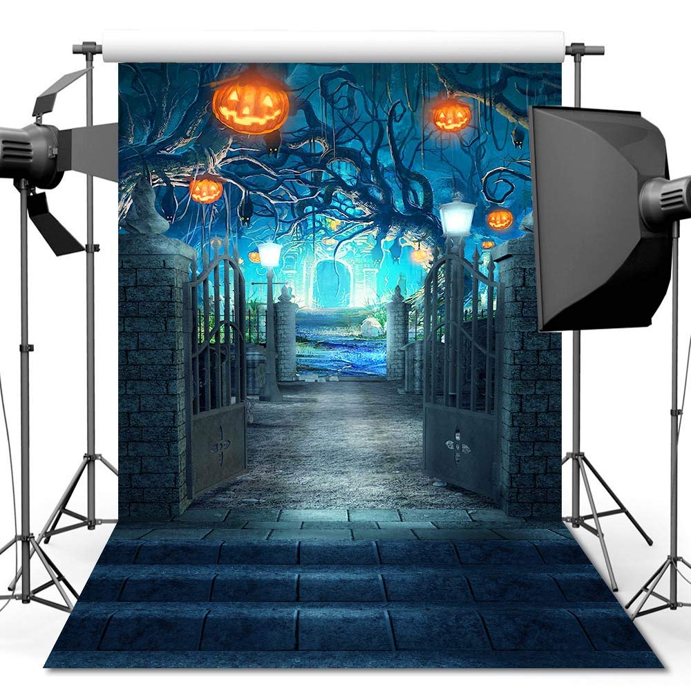 Halloween Backdrop, 5x7ft Halloween Green Horrible Stone Castle Pumpkin Lantern Backdrop for Studio Props Photo Backdrop (Backdrop Only)