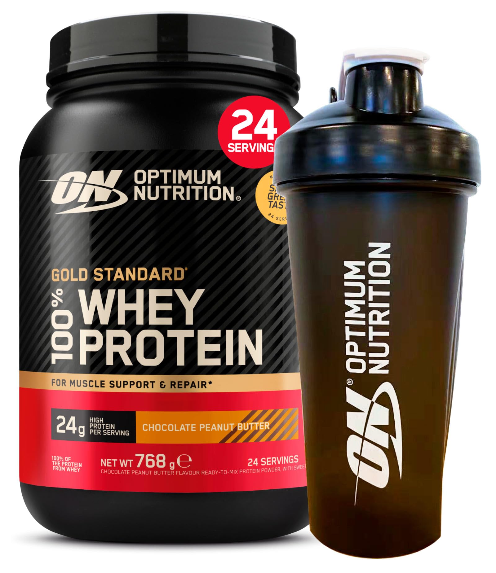 Optimum Nutrition Gold Standard 100% Whey Proteine in Polvere con Aminoacidi Gusto Cioccolato e Burro di Arachidi 768g 24 Porzioni + Shaker