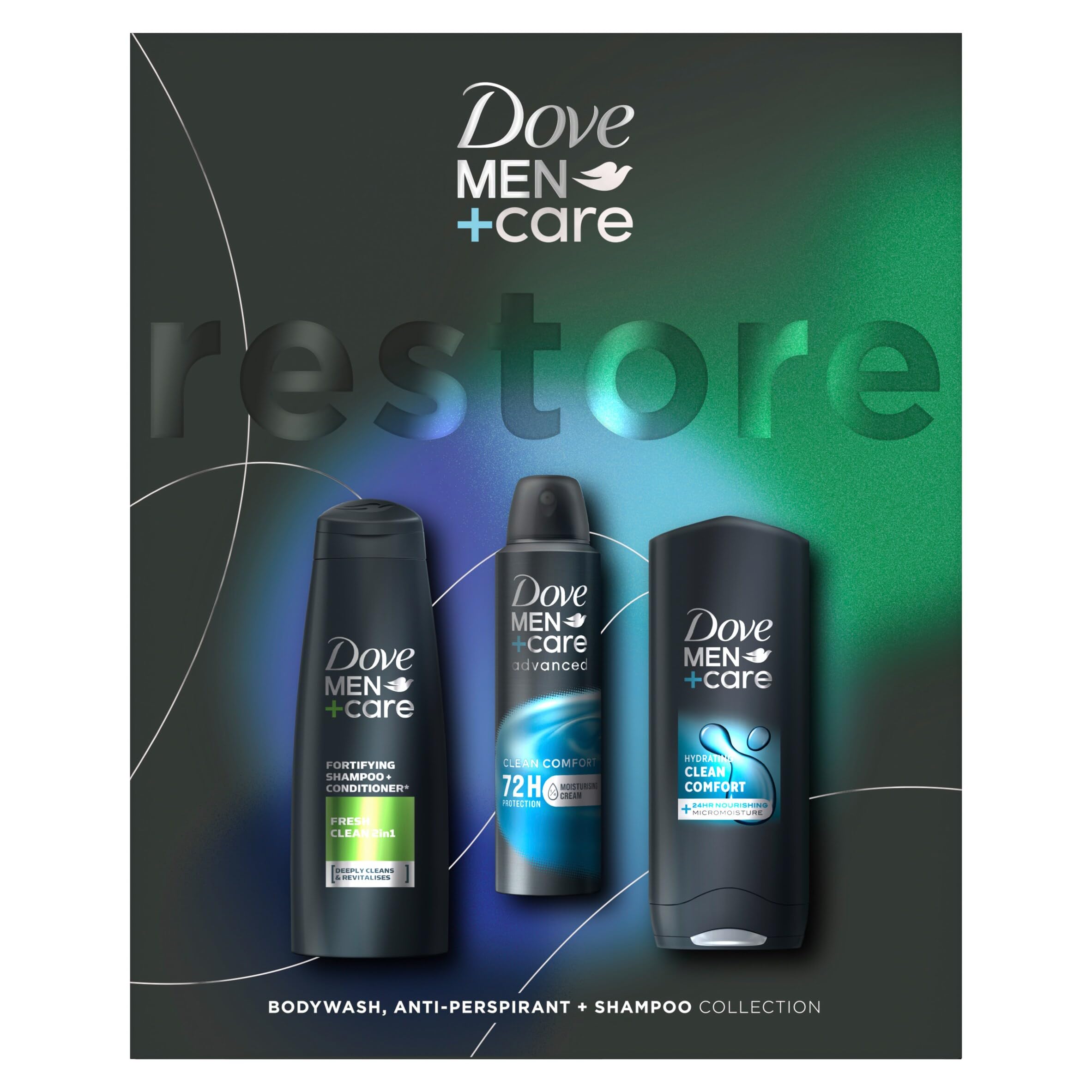 Dove Men+Care Clean Comfort Trio Gift Set body wash, 2-in-1 shampoo & conditioner and anti-perspirant perfect gifts for men 3 piece