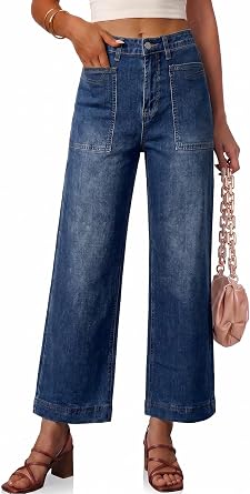 Flowyair Womens Wide Leg Jeans High Waisted Casual Cropped Denim Pants