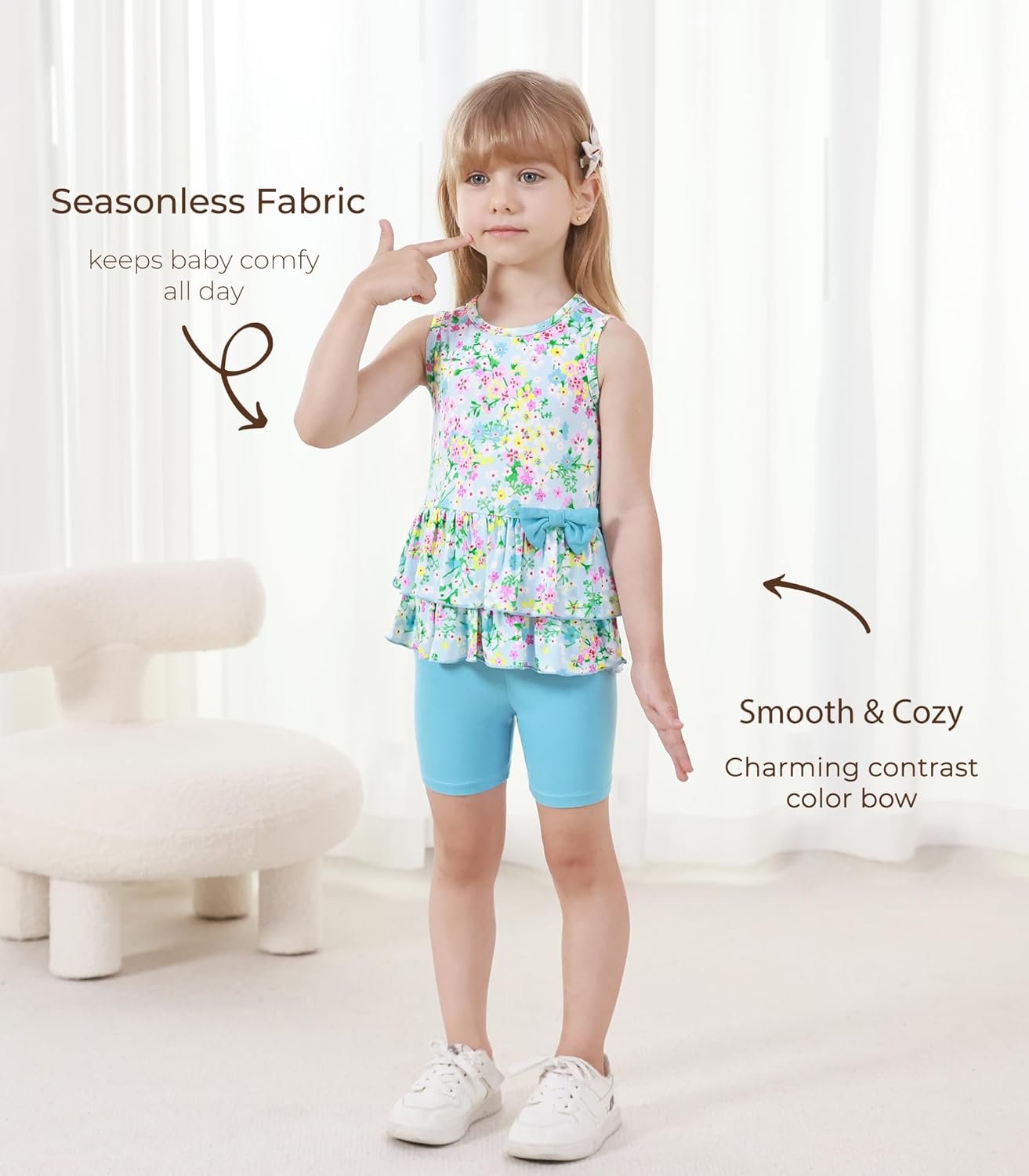 Toddler Girls Summer Outfits Sleeveless Tank Top and Shorts 2-piece Kids Clothes, Viscose Made from Bamboo 2-6Years