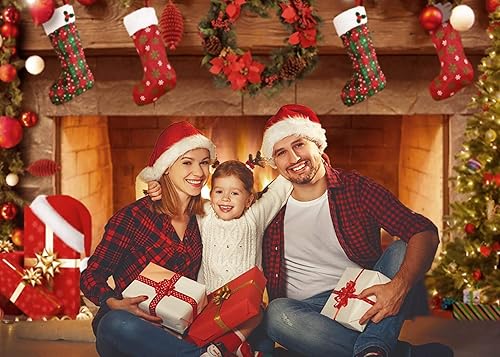 Miniatura 3 de Mocsicka Telón de fondo de chimenea de 5 x 3 pies, decoración de fiesta familiar, decoración de fotos de fotos, calcetines de Navidad, árboles,