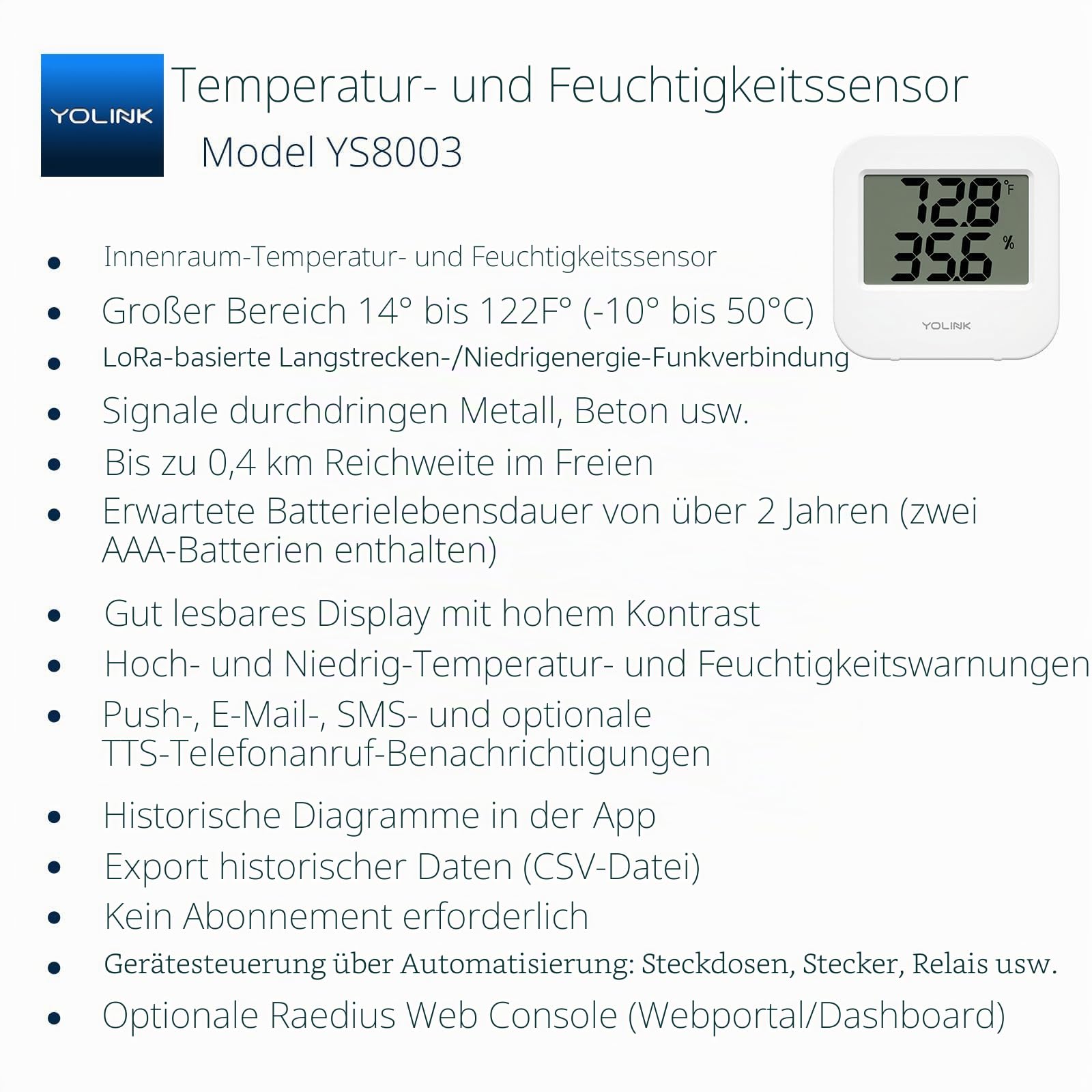 YoLink Intelligenter kabelloser Temperatur- und Feuchtigkeitssensor, breiter Temperaturbereich (-22 bis 158 Grad) für Gefrierschrank, Kühlschrank, Gewächshaus