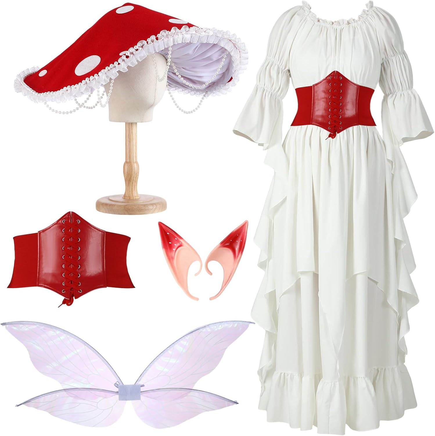 Mepase Renaissance Medieval Costume with Mushroom Hat Cinch Belt Fairy Elf Ear Butterfly Wings Costume for Cosplay
