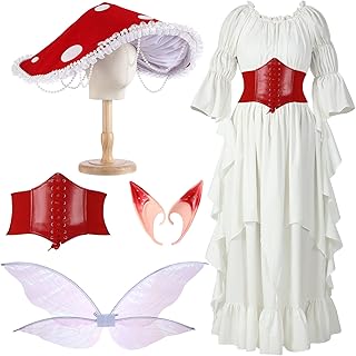 Mepase Renaissance Medieval Costume with Mushroom Hat Cinch Belt Fairy Elf Ear Butterfly Wings Costume for Cosplay
