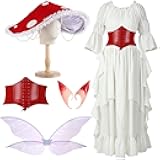 Mepase Renaissance Medieval Costume with Mushroom Hat Cinch Belt Fairy Elf Ear Butterfly Wings Costume for Cosplay