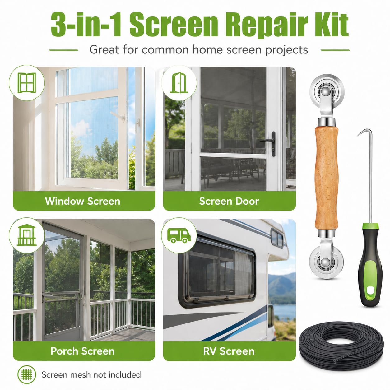 King&Charles Screen Repair Kit,Roller+0.14”x32ft Spline+Hook -6