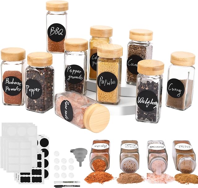 ROSNONG 12 Spice Jars with Natural Bamboo Lid Set,4oz Square Glass Jars with Labels and Shaker Lids,Spice Containers with Excellent Airtight,Seasoning Jars Bottles Set for Spice Rack Cabinet Drawer