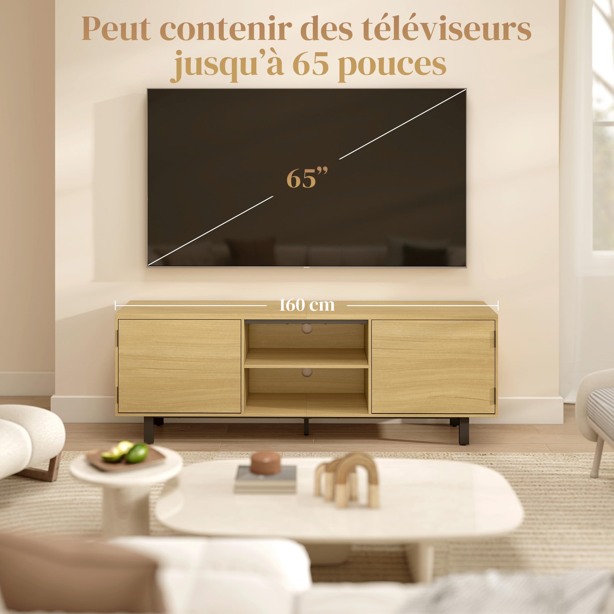 Soporte de TV HOMCOM 160 cm, soporte de TV para televisores de hasta 65" con 2 puertas y 2 estantes abiertos, patas de metal, banco de TV para salón, dormitorio, madera natural