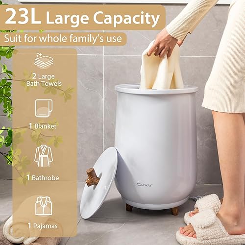 Miniatura 10 de COSTWAY Calentador de toallas estilo cubo, calentador de toallas de 23 litros con 4 tiempos de calentamiento y 3 temperaturas de calentamiento,