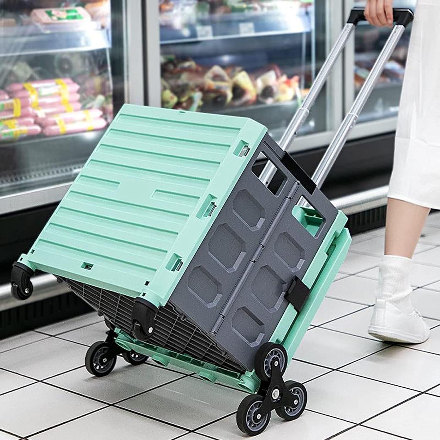 Wózek na zakupy, wózek spożywczy, wózek na zakupy, z 4 uniwersalnymi kółkami, składany, supermarket, torba na zakupy, odporna na zużycie, bezgłośna, obracana o 360°, dla kobiet, mężczyzn, podróży,