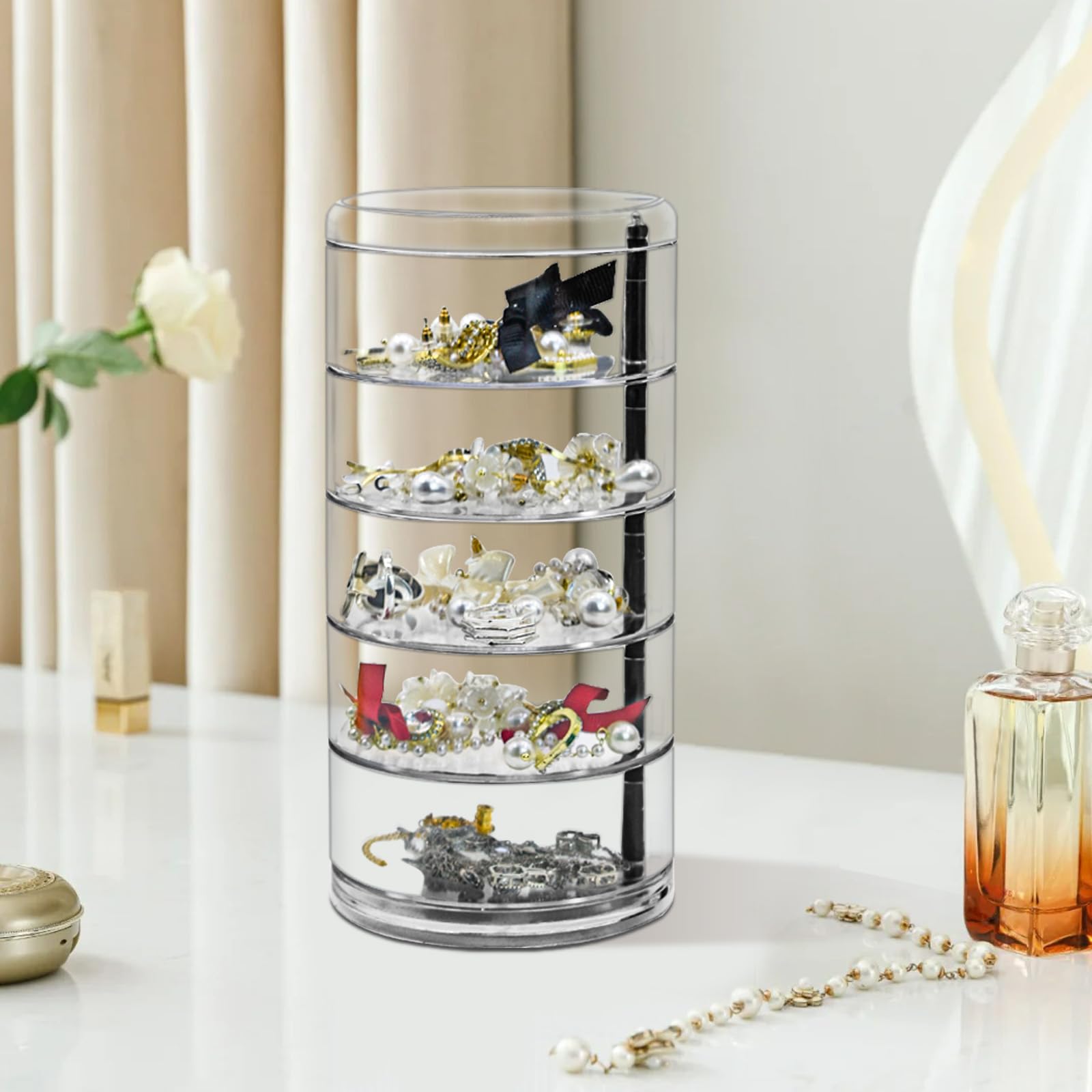 Organizador de joyas giratorio de 5 capas, caja organizadora de aretes pequeños para mujer, almacenamiento de accesorios de joyería transparente con tapa para aretes, pulseras, collares