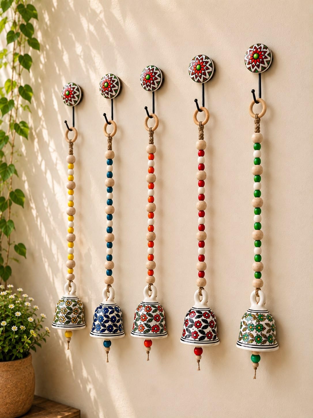 crafty co. artistic wall hanging macrame ceramic bells | decor for living room, entryway, balcony & office | new year, housewarming & gifting item (set of 5) (multi-coloured floral hanging bells)