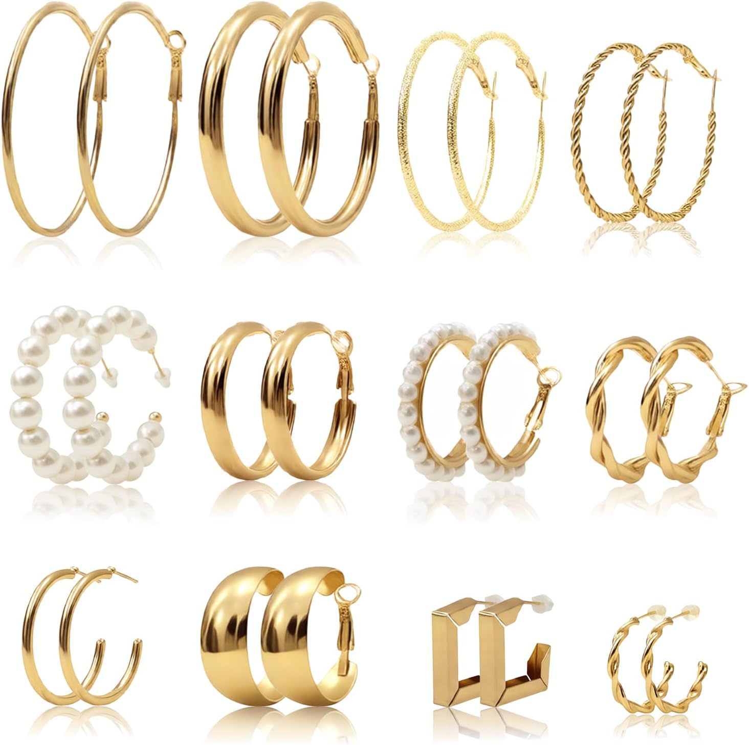 12 Pairs Gold Hoop Earrings Set,URSMART Exquisite Hoop Earrings Set for Women,Vintage Chunky Hoops Pearl Earrings Multipack with Small Big Hoops for Christmas Mother's Day Graduation Parties Birthdays