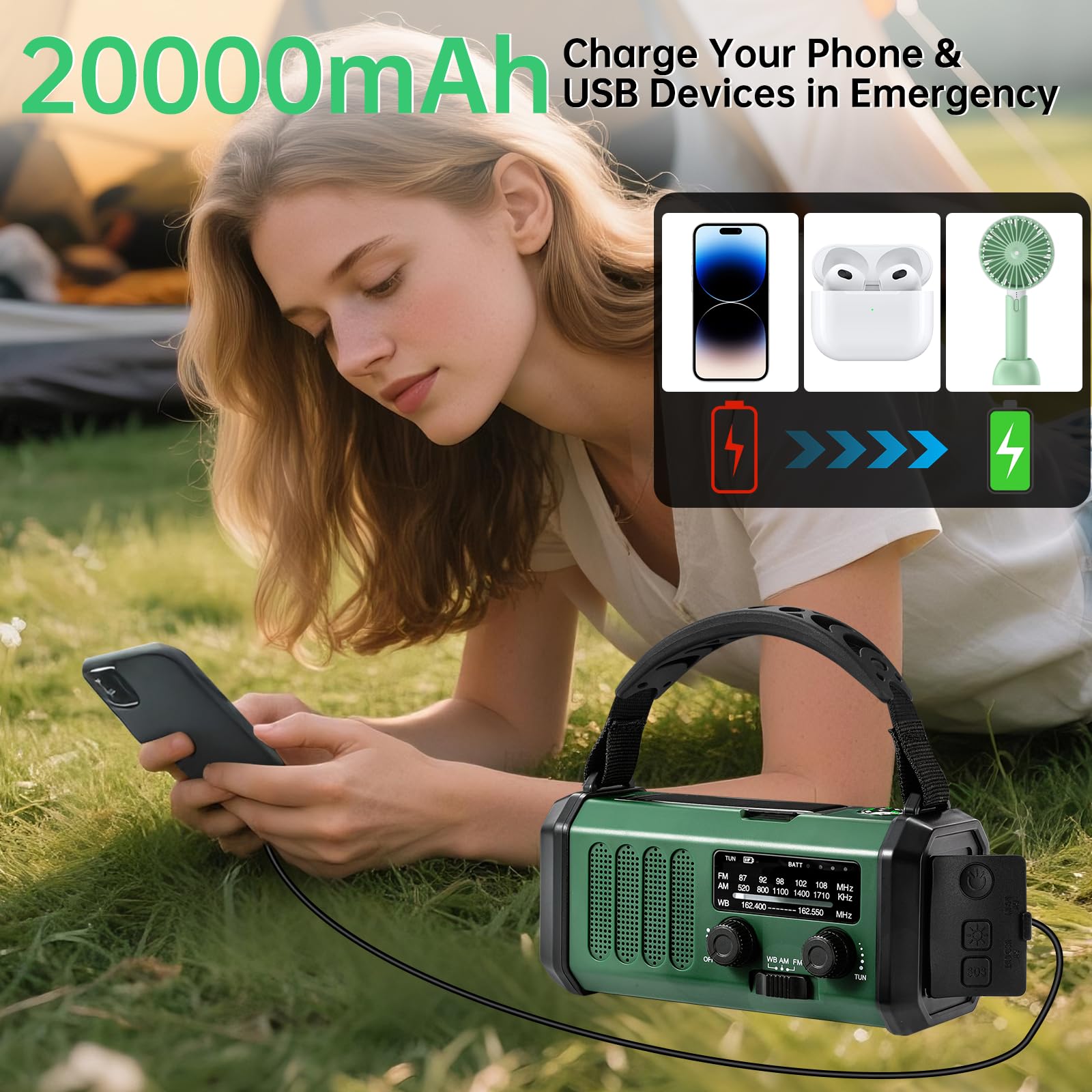Radio d'urgence à manivelle solaire, radio météo AM/FM/NOAA intégrée 20 000 mAh, chargeur de type C, lampe de poche, lampe de lecture, SOS, compacte et portable pour camping/situations