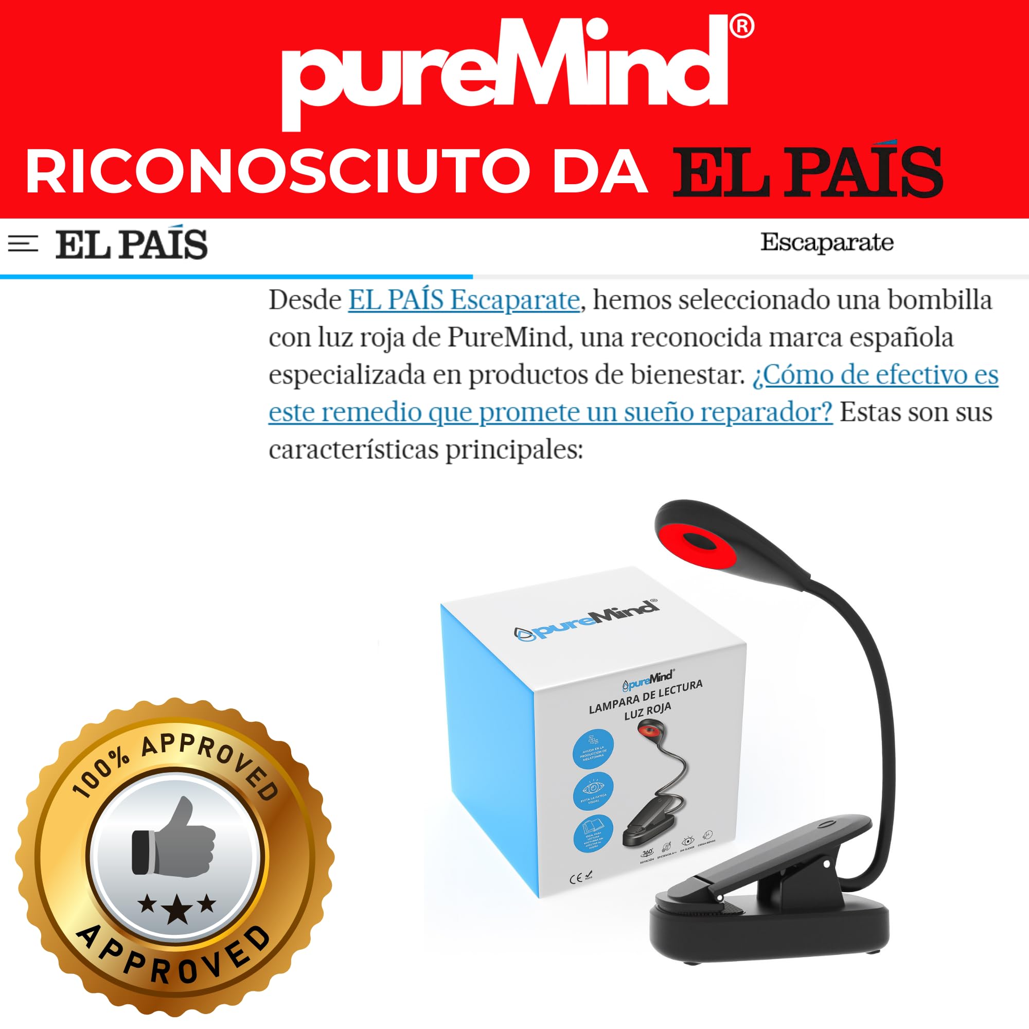 Puremind Lampada Lettura Luce Rossa con Pinza USB Ricaricabile - Senza Luce Blu + Flicker Free - Collo Flessibile 360º + 3 Intensità - Lettura Notturna a Letto + Relax + Studio