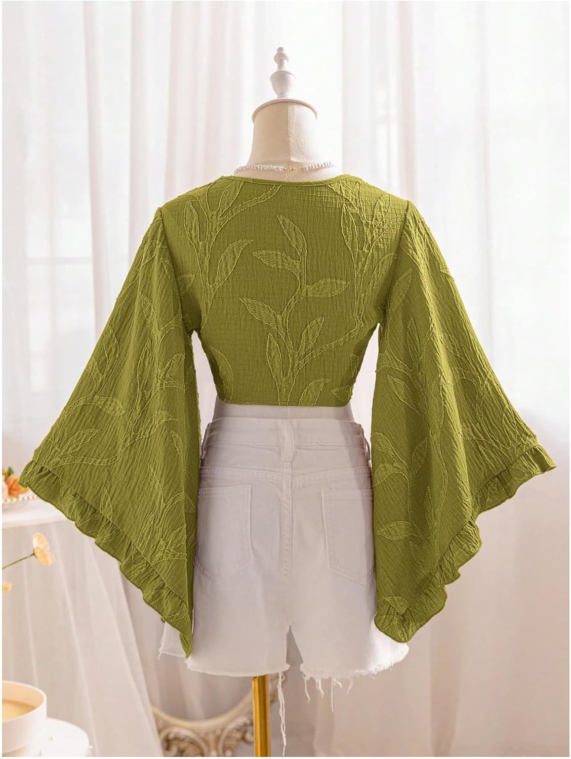 QJQ Women's Floral Ruffle Boho Crop Tops 70s Hippie Disco Western Outfits 3/4 Bell Sleeve Tie Front Deep V Neck Blouses - Image 3