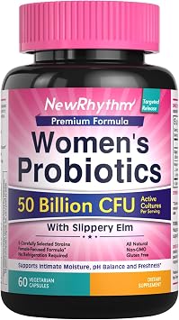 NewRhythm Womens Probiotics Slippery Elm Bark, 50 Billion CFU Per Serving, 5 Strains, All Natural, Non-GMO, Vaginal, Digestive & Immune System Support, 60 Vegan Caps