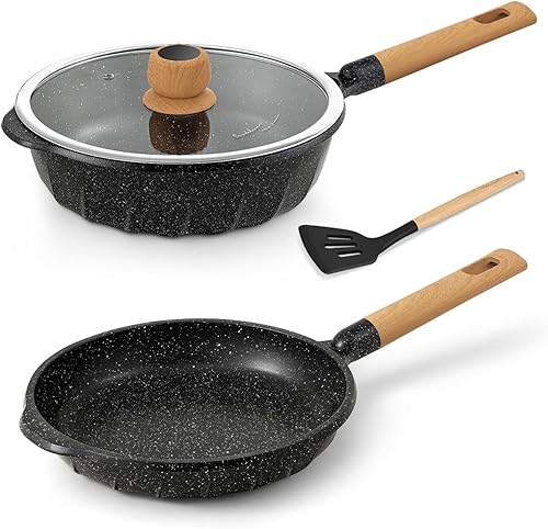 COOKLOVER Sartén antiadherente de inducción con tapa - Sartén antiadherente de 11 pulgadas y 7.9 pulgadas - Negro