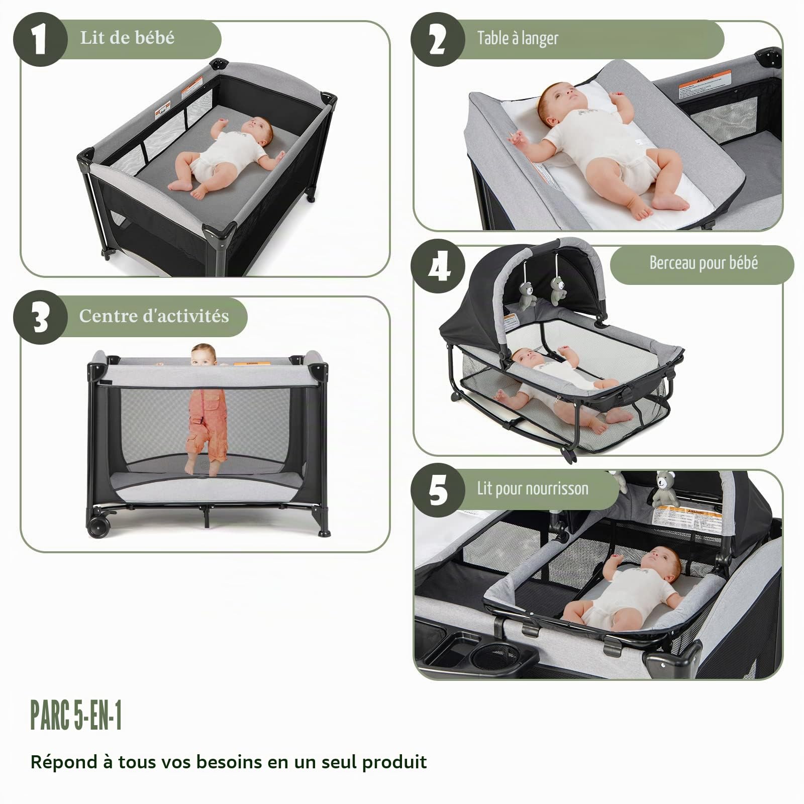 LIFEZEAL Lit Parapluie Bebe avec Matelas en PP et Tube de Fer, Lit Bébé Evolutif avec Table à Langer et Berceau, Lit Pliable avec Sac, Charge de 15 KG, 0-36 Mois, 110x78x78 CM (Noir, 110x78x78 CM)