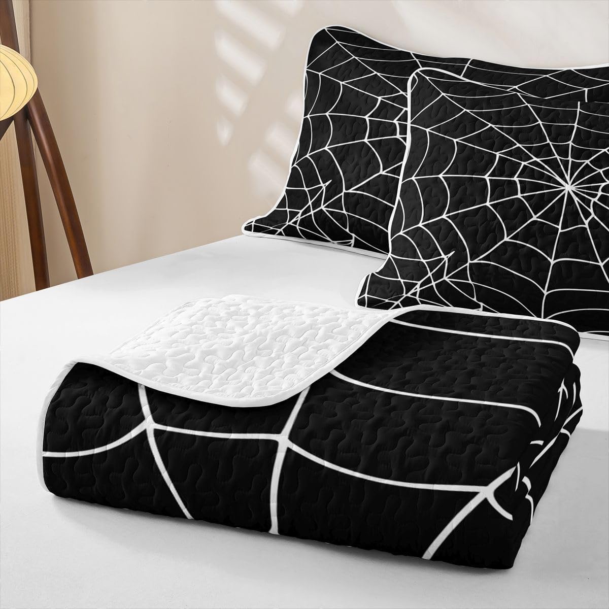 Feelyou Spider Web Quilt Set Queen Size Halloween Decoration Comforter Set for Kids Boys Girls White Spiderweb Bedspreads with 2 Pillowcases Bedding Lightweight