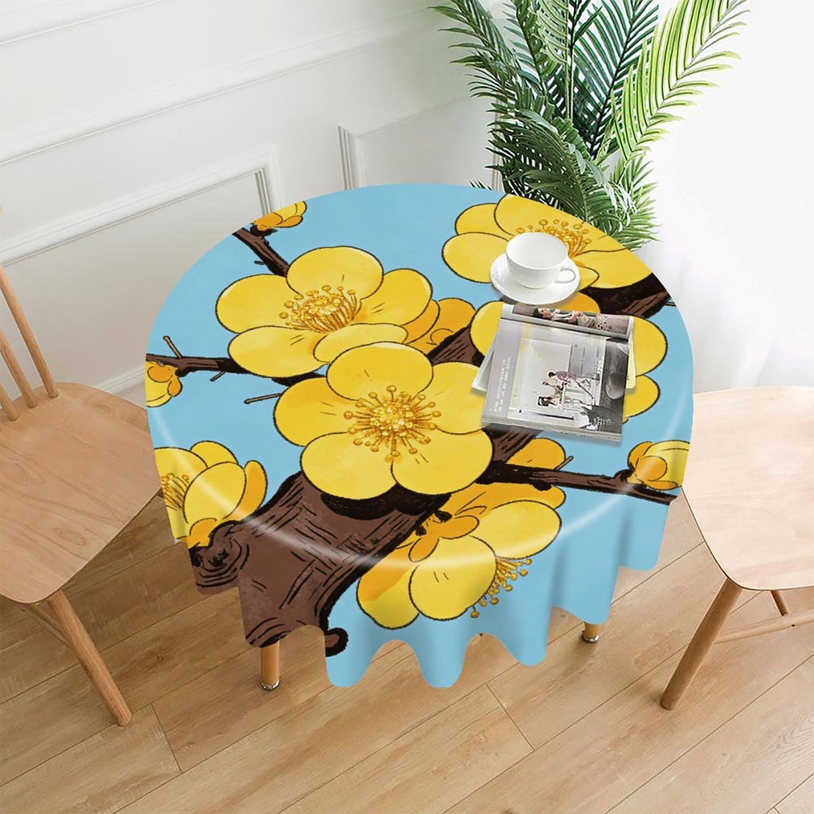 LDGSUPH Yellow Plum Blossom Round Tablecloth Cover Washable Luxurious Fabric Table Cover Decor Wrinkle Free Fashion Round Table Cloth for Home Dining Kitchen Party 60 in