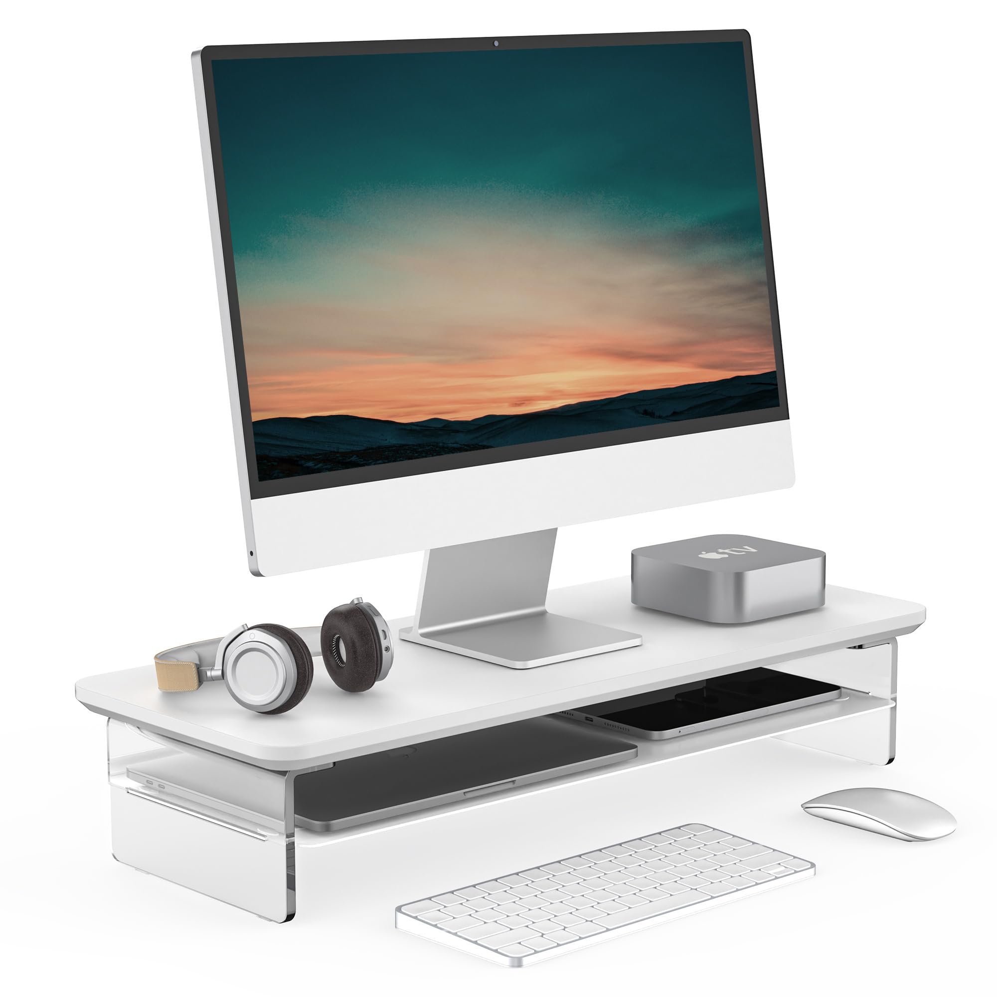 Fenge Supporto Monitor Scrivania in Acrilico, Rialzo Monitor con Ampio Spazio di Archiviazione, Monitor Stand per PC, Laptop, TV, Casa, Ufficio (Bianco, 60cm)