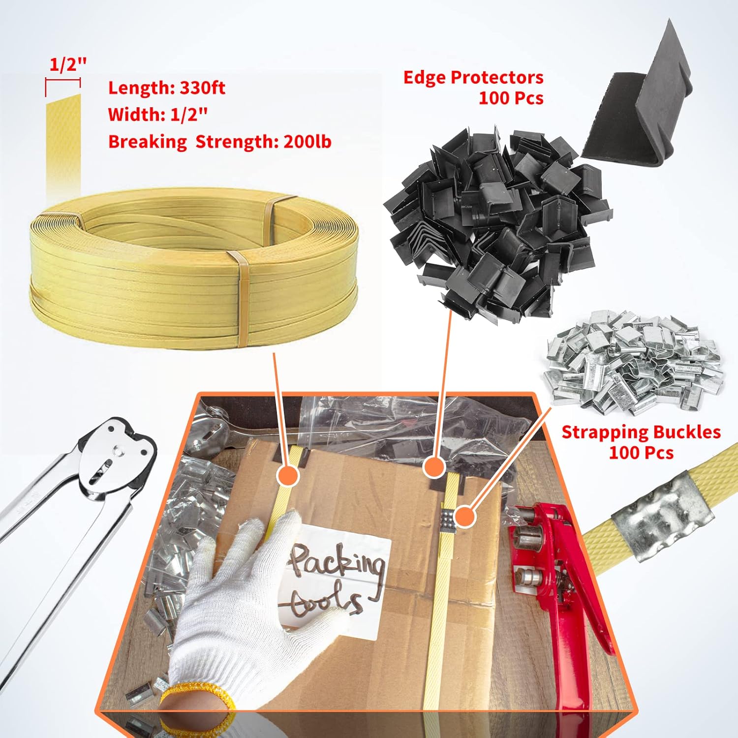 Pallet PP Plastic Strapping Kit, Packaging Banding Tensioning Tool, Heavy Duty Poly Tensioner & Cutter Manual Tools, Free 100pcs Corner Protector, 100 Seals